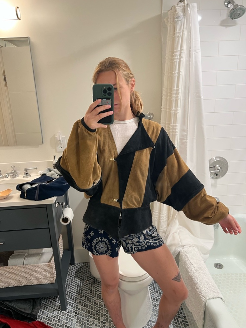 Vintage Black & Brown Suede Colorblock Bomber Jacket